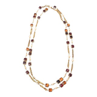 Vintage Rare Chanel Gripoix Purple, Pink, Amber Glass, Faux Pearl & Chain Strand Long Necklace For Sale