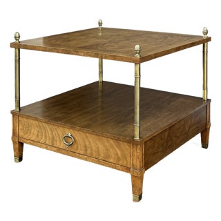 Vintage Baker Milling Road Regency Burl Wood & Brass 2 Tier Side Table With Drawer For Sale