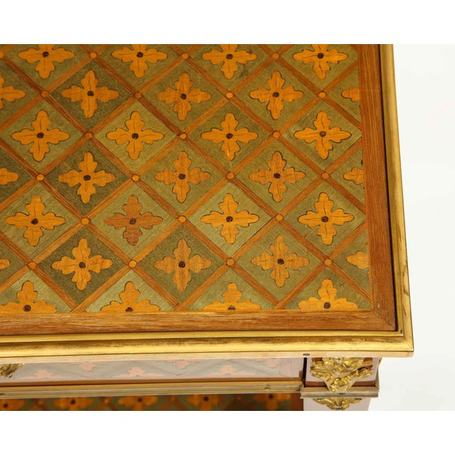 Exceptional Pair of French Ormolu-Mounted Parquetry and Marquetry Side Tables For Sale - Image 14 of 17