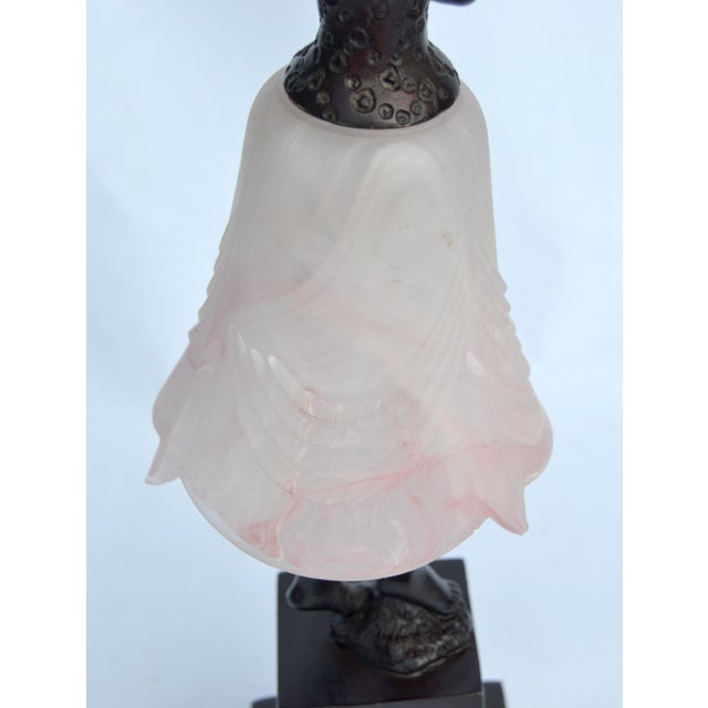 1970s Art Deco Bruno Zach Attributed Bronze Sculpture Female Dancer Table Lamp Art Glass Shade For Sale In Miami - Image 6 of 15