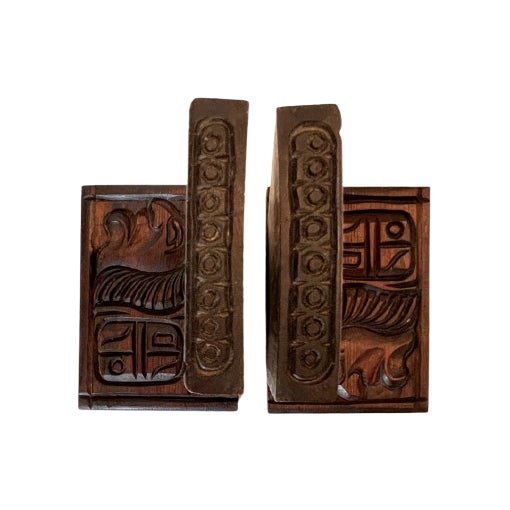Vintage Hand Carved Wooden Mayan Aztec Style Bookends - a Pair | Chairish