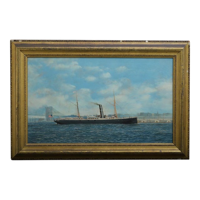 1900s Antonio Jacobsen ( 1850 - 1921), Oil on Canvas, the Santiago With Brooklyn Bridge! For Sale