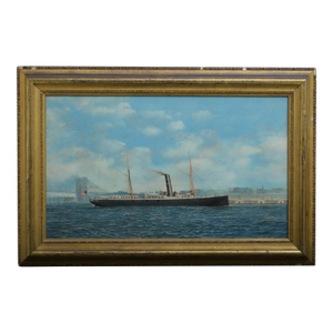 1900s Antonio Jacobsen ( 1850 - 1921), Oil on Canvas, the Santiago With Brooklyn Bridge!