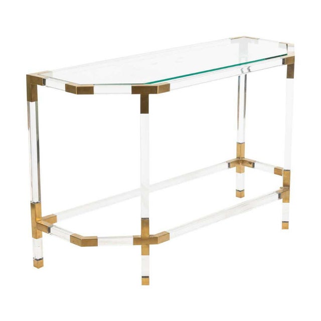 Gold 1970s Modern Hollywood Regency Lucite and Brass 2 Tier Console Table Att. Charles Hollis Jones For Sale - Image 8 of 8
