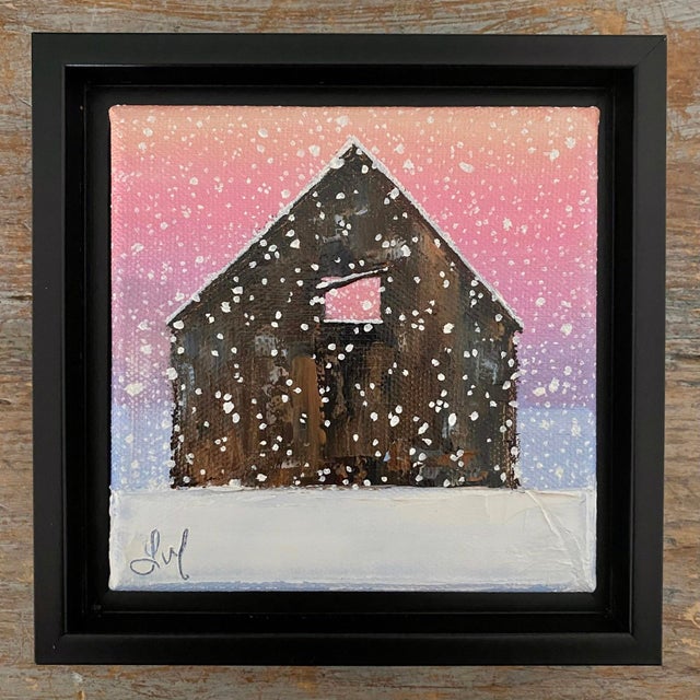 This oil on canvas piece features a solitary barn set against a softly gradient sky transitioning from warm pink to cool...
