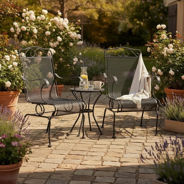 1990s Vintage 1990s Hi-Back Black Cast Iron Mesh Coil Sprung Rocking Arm Chairs - Set of 6 For Sale - Image 5 of 9