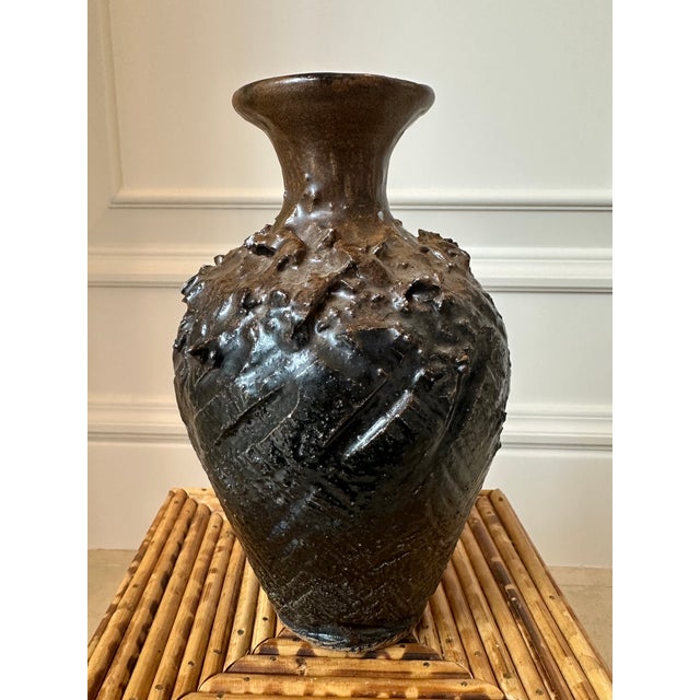 Vintage 1970’s Signed Brutalist Ceramic Vase in Brown For Sale - Image 4 of 14