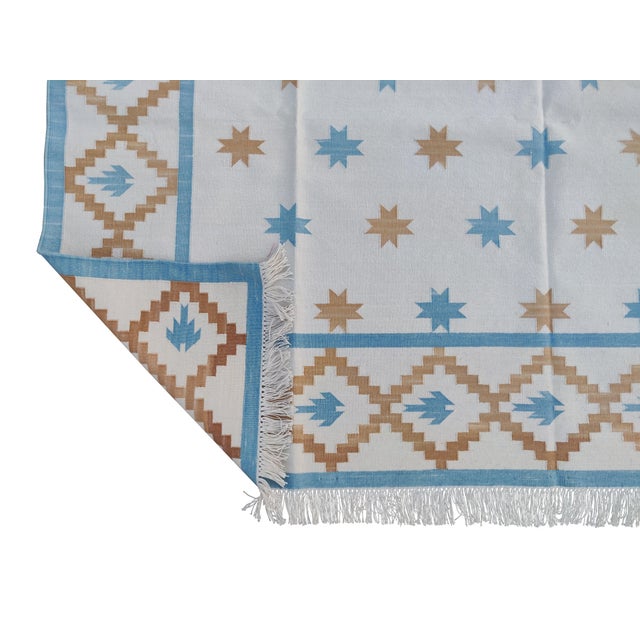 Casa Cosima Handmade Cotton Vegetable Dyed White, Sky Blue and Tan Star and Gingham Rug - 10'x14' For Sale - Image 4 of 10