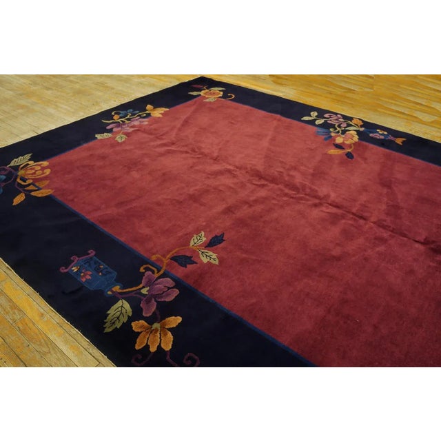 Textile 1920s Raspberry Red Open Floral Antique Chinese Art Deco Rug 9' X 11'3" Wool Knotted Carpet For Sale - Image 7 of 9