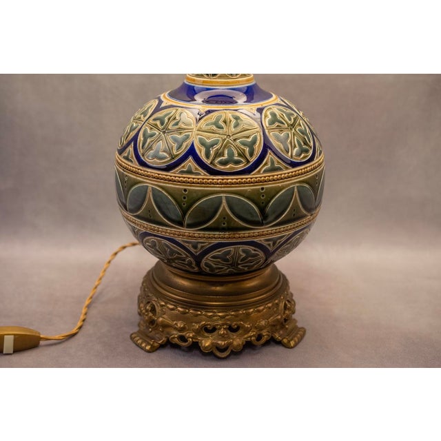 Electrified Kerosene Lamps in Glazed Earthenware with Gilt Bronze Mounts and Geometric Decor from Longwy, Late 19th Century, Set of 2 For Sale - Image 3 of 14
