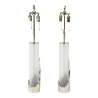 Frosted Glass and Chrome Lamps by Laurel - A Pair For Sale
