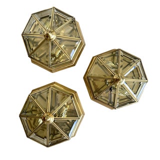 Art Deco Octagonal Brass Wall Lamp with Cut Glass, 1930s For Sale