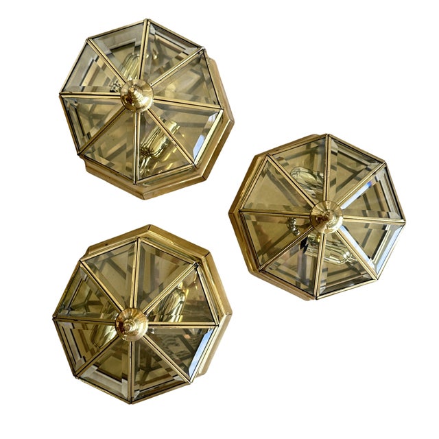 Art Deco Octagonal Brass Wall Lamp with Cut Glass, 1930s For Sale