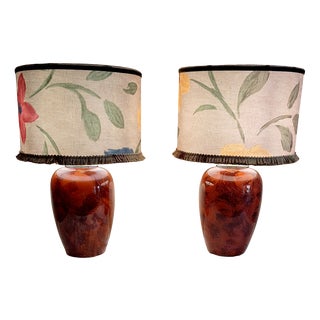 Vintage Table Lamps with Brown Marbled Ceramic Base and Fabric Shade in Watercolor Look by S.N., 1980s, Set of 2 For Sale