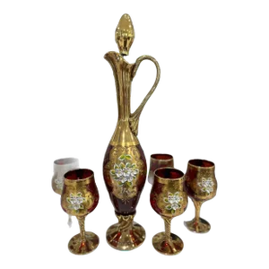 Beautiful Set of Enameled Stemware From Murano Including 6 Wineglasses and Decanter