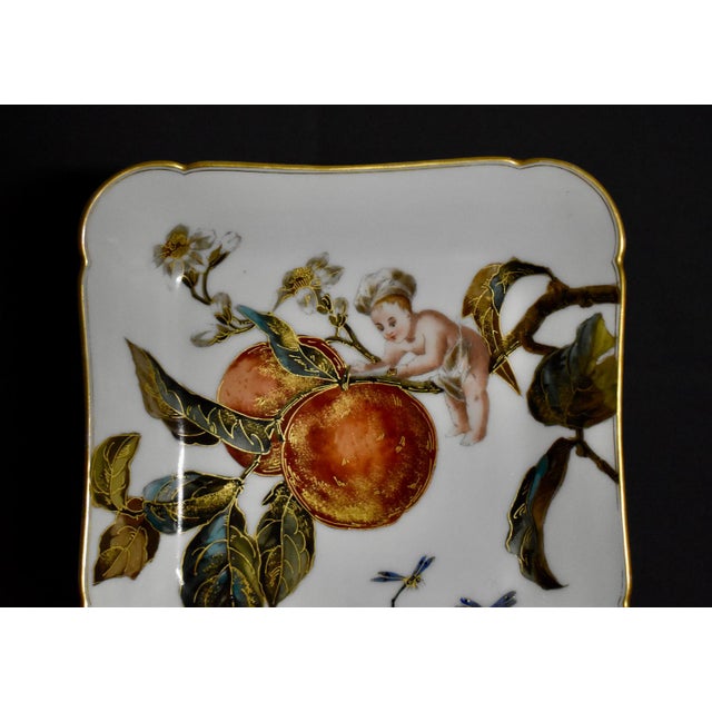 Limoges, France Antique Limoges France GDM Porcelain Square Dish Plate Putto Cherub Peach Fruit For Sale - Image 4 of 13