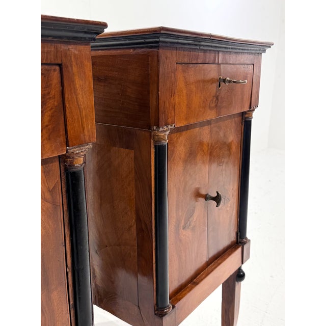 Wood Pair of Early 19th Century Italian Empire Walnut Commodini With Ebonized Columns For Sale - Image 7 of 13