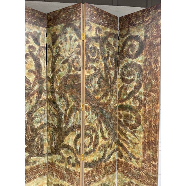 Wood 1970s Signed Peacock Relief 6-Panel Folding Screen by K. Walton 12/100 For Sale - Image 7 of 18