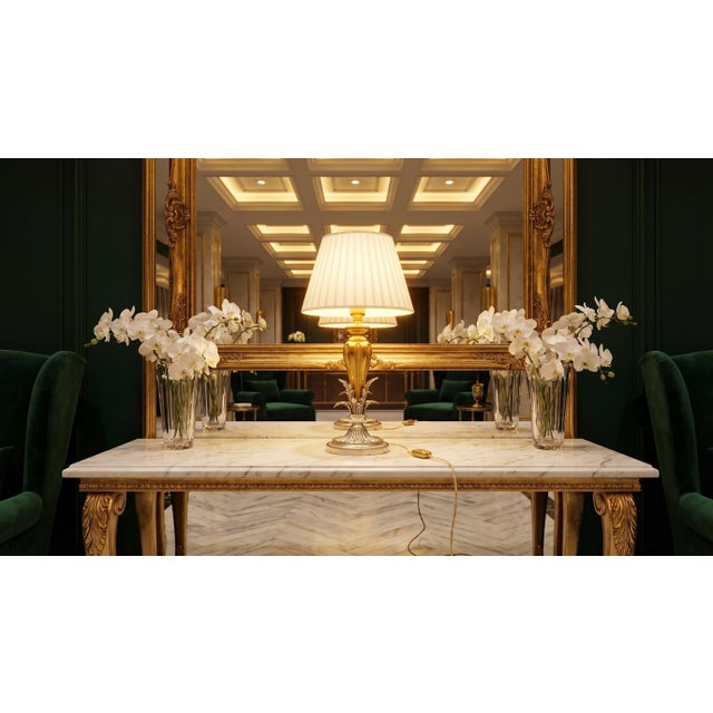 Brass and Silver-Toned Table Lamp with Leaf Base and Pleated Shade, 1960s For Sale - Image 14 of 15