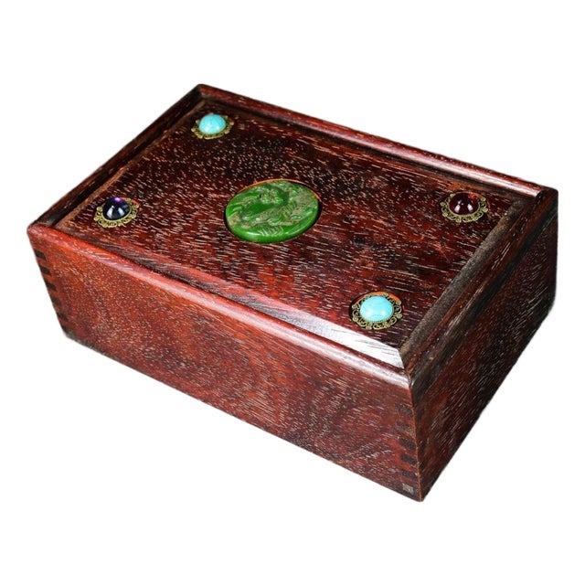 Carved Rosewood Jewelry Box With Jade Medallion & Turquoise Inlay For Sale