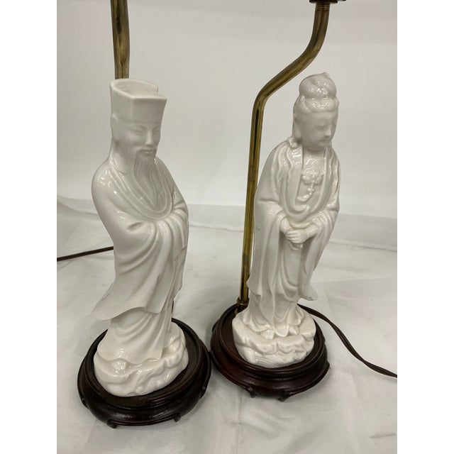 White Pair of Asian Style Vintage Blank De Chine Porcelain Figural Lamps For Sale - Image 8 of 12