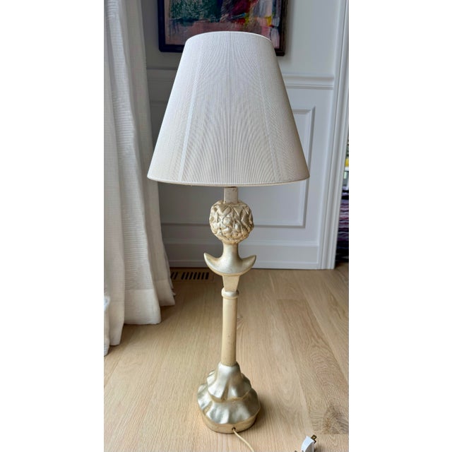 Champagne Mid 20th Century Rare Sirmos “Tête De Femme” Figural Table Lamp in the Style of Diego Giacometti With Original Silk String Shade For Sale - Image 8 of 12