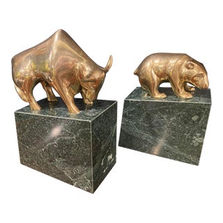 Pair of Bear and Bull Wall Street Brass & Marble Bookends For Sale