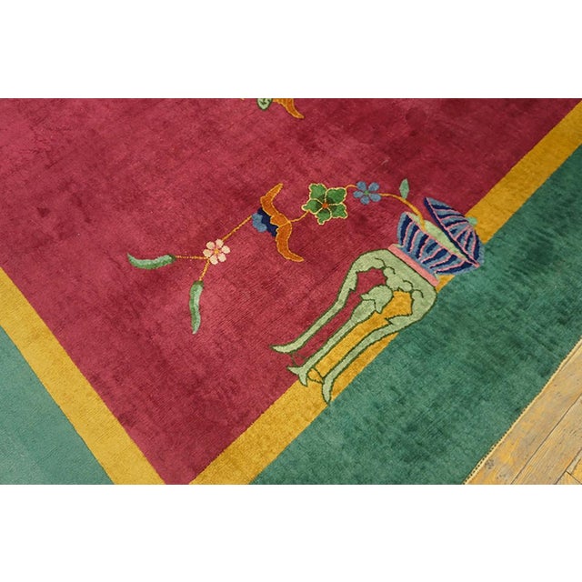 1920s Pink Floral Antique Antique Chinese Rug by Nichols Workshop 8' 9"x 11' 4" Handknotted Wool Carpet For Sale - Image 4 of 6