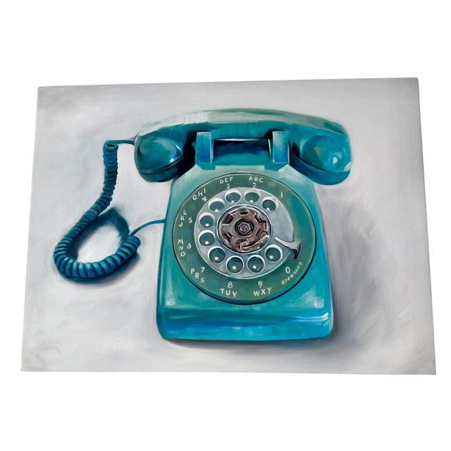 Mid-Century Modern Turquoise Rotary Telephone Still Life Art Print Painting Phone Dial Telephone Oil Board Framed Signed For Sale - Image 17 of 18