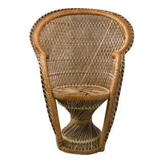 Vintage Japanese Hand-Woven Bamboo Peacock Chair Stand - Wabi Sabi Rattan Display Riser For Sale