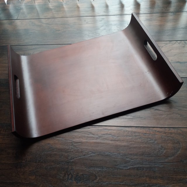 Vintage Mid Century Mahogany Stained Solid Wood Sleigh Tray For Sale - Image 10 of 12