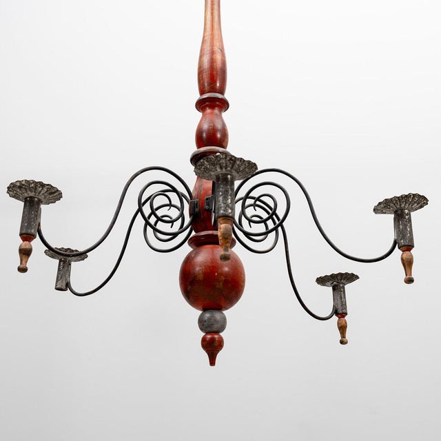 Folk Art Early 20th Century Swedish Painted Wood & Wrought Iron Chandelier, 20th Century For Sale - Image 3 of 5