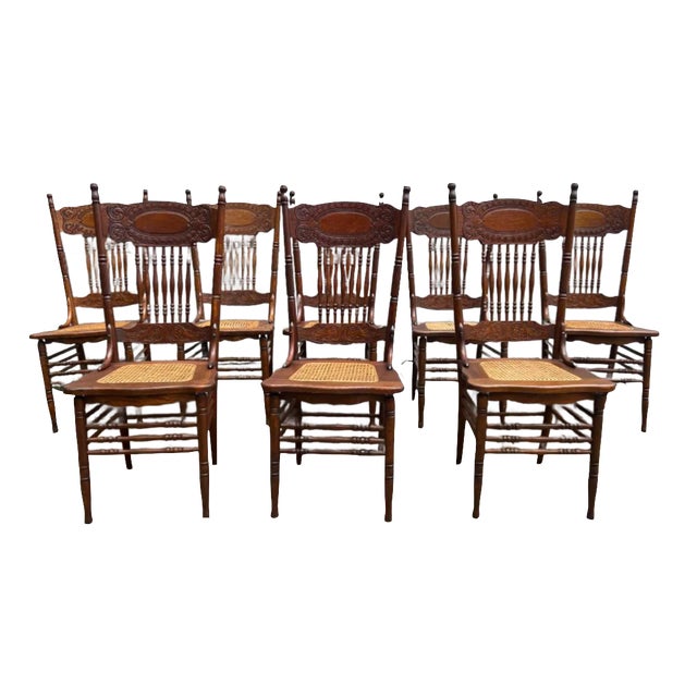 Early 20th Century Set of 8 Antique Oak Press Back Cane Seat Dining Chairs For Sale - Image 13 of 13