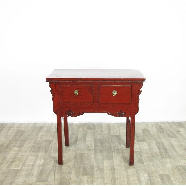 This charming vintage Asian hallway or wine table has 2 drawers and is refinished to red glossy color. This early 20th...