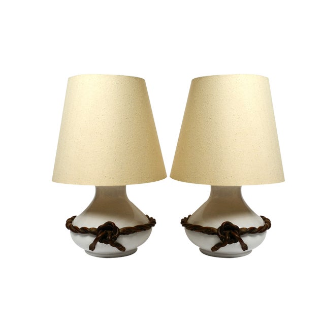Mid-Century Italian White Ceramic Table Lamps with Original Shades, 1950s, Set of 2 For Sale