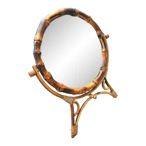 Early 1900s Aesthetic Movement English Round Tiger Bamboo Table Vanity Mirror