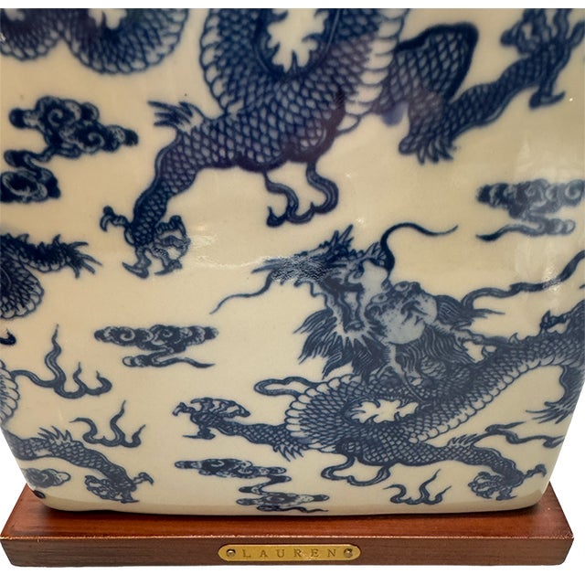 Blue Rare Vintage Ralph Lauren Blue & White Dragon Chinoiserie Porcelain Table Lamp With Brass and Wood Base For Sale - Image 8 of 18