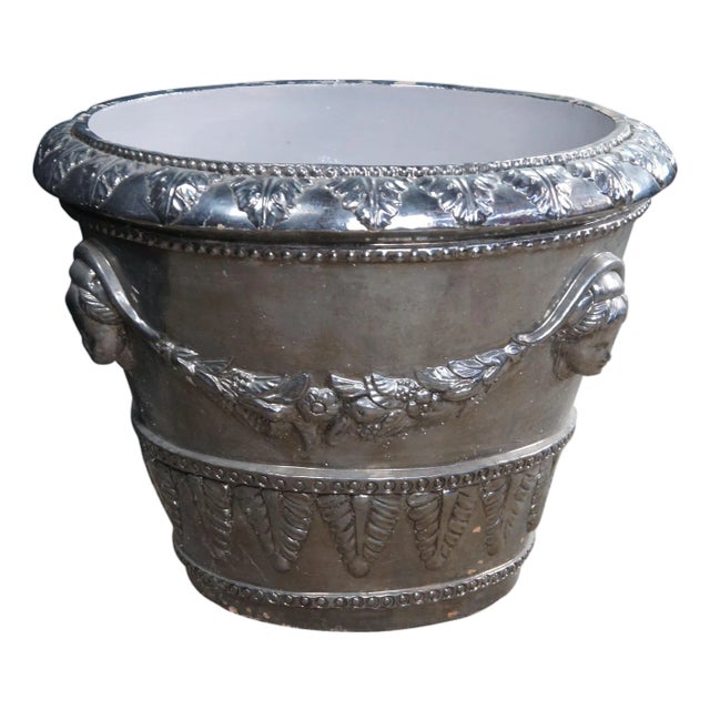 Late 20th Century Italian Neoclassical Figural Acanthus Silver Terracotta Garden Planter 26" For Sale