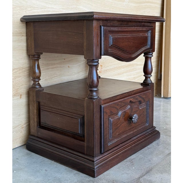 Early 20th Century 20th Century Pair of Solid Carved Spanish Nightstands with Two drawers For Sale - Image 5 of 18