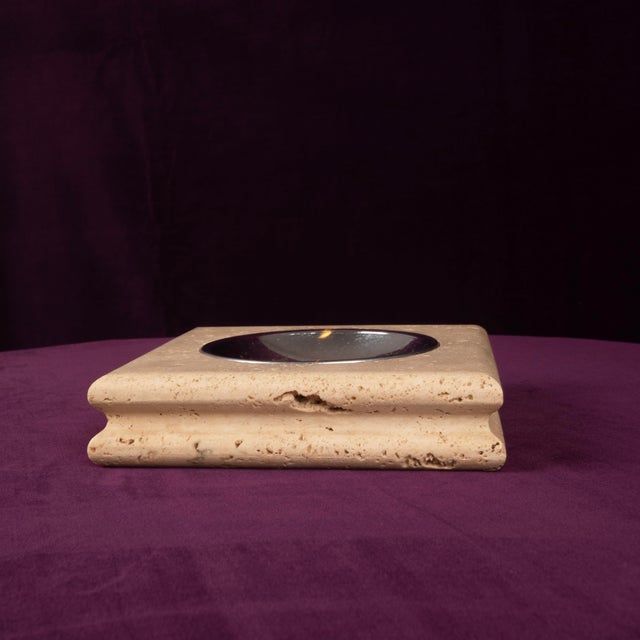 Cream Italian Square Travertine Ashtray with Removable Metal Dish, 1970 For Sale - Image 8 of 16