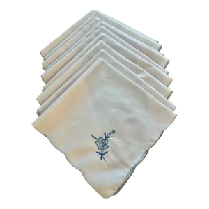 Vintage Blue and White Embroidered Floral Dinner Napkins - a Set of 9