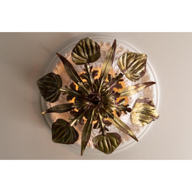 Hollywood Regency Style Golden and Purple Metal Three-Light Leaf Ceiling Lamp For Sale - Image 4 of 18