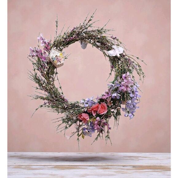 Textile Field of Flowers Spring Summer Door Wreath 18" Crochet Feather Bird House Wall For Sale - Image 7 of 11