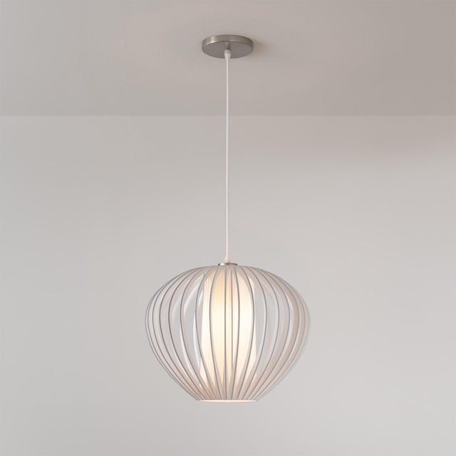 Bloom 14 Inch Pendant Light by Nova of California - White Slatted Cage Globe Bubble Orb Lantern - Satin Steel Canopy -...
