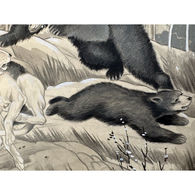 Illustration 1940s Original Signed Graphite Illustration of Bear Confronting Hunting Dog, 12 × 9.5 In. For Sale - Image 3 of 6