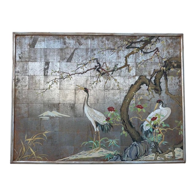1920s Large Japanese Chinoiserie Crane Painting on Wood Panel W/ Silver, Gold, & Copper Leaf — Art Deco Framed For Sale