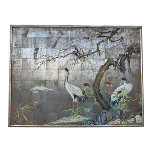 1920s Large Japanese Chinoiserie Crane Painting on Wood Panel W/ Silver, Gold, & Copper Leaf — Art Deco Framed