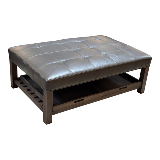 Arhaus Kent Leather Ottoman With Lower Trays For Sale