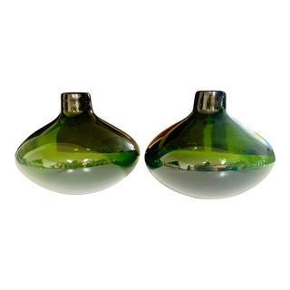 Vintage Pair of Dark Green Glass Large Teardrop Bud Flower Vases For Sale