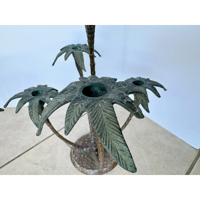 Pair Patinated Tole Metal Palm Tree 5 Arm Candlestick Holders For Sale - Image 12 of 15
